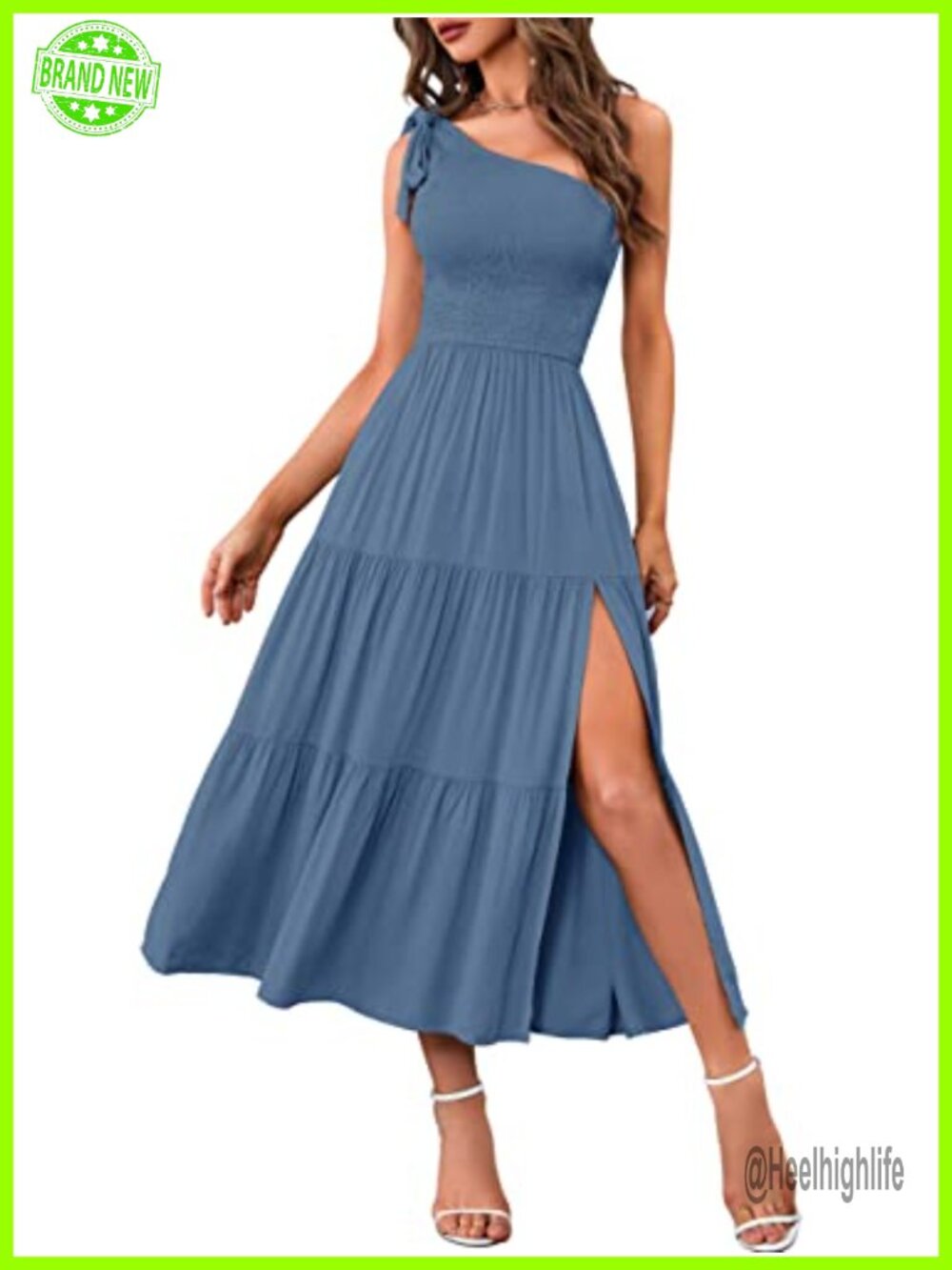 One Shoulder Smocked Sleeveless Midi Dress Tie Knot High Waist A-Line